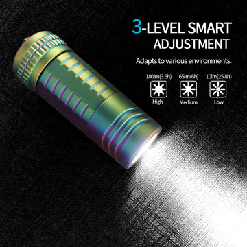 Multicolored flashlight with 3-level smart adjustment on a dark background